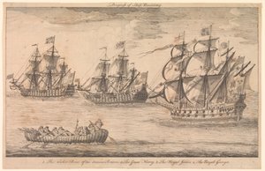 Voortgang van de scheepsbouw. 1. De rieten boot van de oude Britten 2. De Grote Harry 3. De Koninklijke James 4. De Koninklijke George door Unknown artist