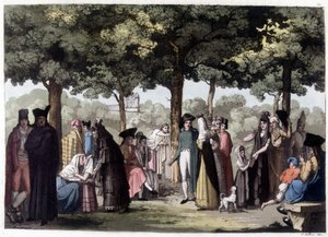 Promenade van de esplanade in Barcelona. Lithografie uit de 19e eeuw.