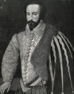 Sir Walter Raleigh (1554-1618). Engelse zeeman, ontdekkingsreiziger en makelaar. Portret van Sir Walter Raleigh. Gegraveerd in 1891, uitgevoerd naar een anoniem origineel dat bewaard wordt in de National Portrait Gallery van Londen. Gravure.