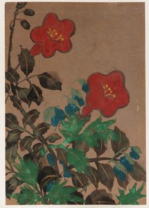 Rode en Blauwe Bloemen en Bladeren door Unknown artist