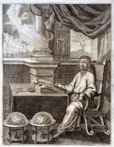 René Descartes (1596 - 1650) in zijn kantoor met wetenschappelijke apparatuur. Gravure uit de 17e eeuw door Unknown artist