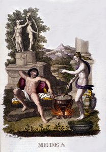 Voorstelling van Medea die zijn vervloekingen voorbereidt na de cyclus van Argonauten. Gravure uit de 19e eeuw. door Unknown artist