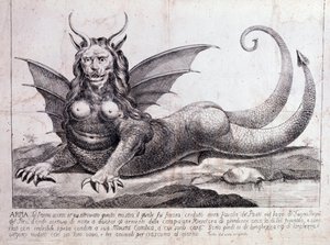 Voorstelling van een harpij, een monster gevonden in een Peruaans meer door Unknown artist