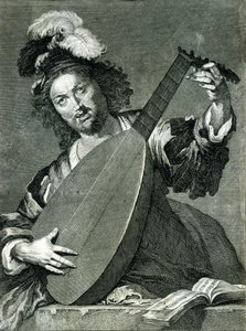 Voorstelling van een luitspeler die zijn instrument stemt.