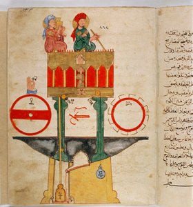 Voorstelling van een instrument ontworpen door de Turkse ingenieur Ibn al-Rajjaj al-Jazari (1136-1206) om de hoeveelheid bloed te meten. Uitvinding ontworpen door de Turkse ingenieur Ibn al-Rajjaj al-Jazari rond 1203