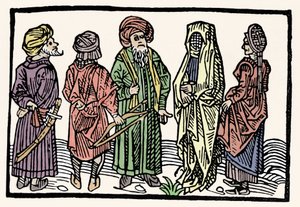 Voorstelling van boekweit. Mannen met armen met verstrengelde hoofden en gesluierde vrouwen. Houtsnede uit de 15e eeuw door Unknown artist