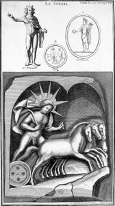 Voorstelling van de Zon en Apollo. Afbeeldingen getekend uit oude voorstellingen. Gravure 19e eeuw door Unknown artist