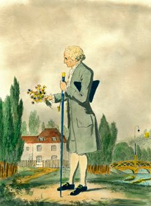 Voorstelling van de Zwitserse filosoof Jean Jacques Rousseau (1712-1778) bloemen plukkend in Ermenonville. Gravure uit de 18e eeuw. Privécollectie. door Unknown artist