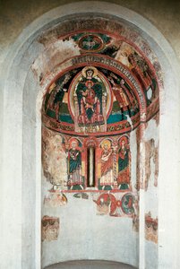 Voorstelling van de Maagd en het Kind omringd door de Wijzen. Fresco uit de centrale apsis van de kerk van Santa Maria in Taull. Rond 1123. Barcelona. Nationaal Museum voor Kunst van Catalonië door Unknown artist