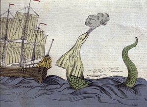Weergave van de zeeslang gezien door de Noorse missionaris Hans Egede (1686-1758) tijdens zijn reis naar Groenland. Gravure uit de 18e eeuw door Unknown artist