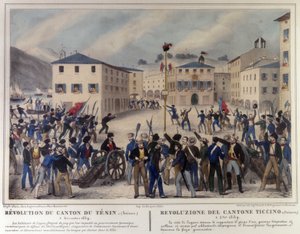 Revolutie van het kanton Ticino in Zwitserland op 5 december 1859. Gravure uit de 19e eeuw door Unknown artist