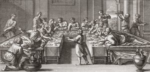 Romeins triclinium, of eetkamer, met tafel en banken door Unknown artist