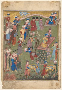 Koninklijke ontvangst in een landschap, linker folio van het dubbele frontispice van een Shahnama (Boek der Koningen) van Firdausi (Perzisch, circa 940-1019 of 1025)