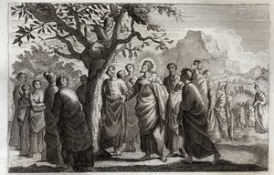 Royaumont Bijbel, Nieuwe Testament: Bekering van Zacheüs. Jezus Christus spreekt met Zacheüs die in de vijgenboom zit. Illustratie uit 1811. door Unknown artist