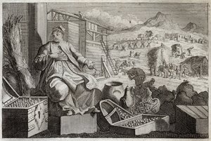Royaumont Bijbel, Nieuwe Testament: De dwaasheid van rijkdom of de gelijkenis van de rijke man. Jezus Christus spreekt tegen de ijdelheid van een rijke man, die zichzelf prees om zijn grote bezittingen, en de volgende nacht stierf. Illustratie uit 1811. door Unknown artist