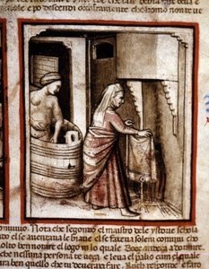 Ruth maakt haar toilet met de hulp van haar schoonmoeder Noemi voordat ze in het bed van haar man Boaz slaapt. Boek van Ruth. Miniatuur uit codex 212 (of padovano codice of Bijbel van Padua) 1390-1400 Rovigo, Accademia dei Concordi