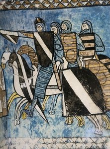 Spanje. Castilië en León. Valladolid. Klooster van San Bernardo de Valbuena. Castiliaans leger, groep christelijke soldaten te paard. 14e eeuw. Fresco schilderij op 