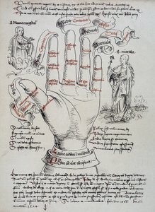 Sint Brigitte, met haar gaven als visionair, wordt aangeroepen om de sterfdatum van een persoon te weten, door de lijnen van de hand te lezen. Sint Maria Magdalena en Martha verschijnen aan weerszijden van de hand. door Unknown artist