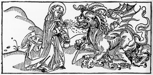 Sint Martha en de Tarasque - Gravure uit “Leben der Heiligen - sommerteil” (Het boek van de heilige) door Jacobus (James) van Voragine (1228-1298). Lübeck 1488. door Unknown artist