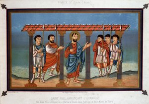 Sint Paulus verkondigt het Evangelie - uit een Bijbel geschreven voor koning Karel de Kale in de Abdij van Sint Martin van Tours, 9e eeuw