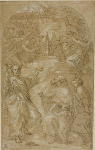 Sint Petrus, Sint Augustinus en een vrouwelijke heilige in aanbidding van de eucharistie door Unknown artist