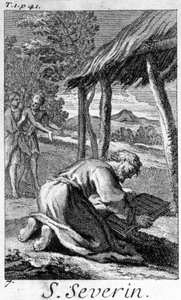 Sint Severin, evangelist van de Noric (het huidige Oostenrijk), lezend. Gravure uit de 17e eeuw.