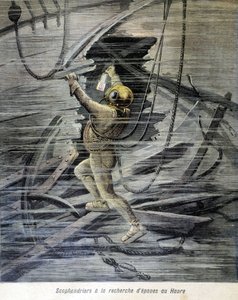 Duiker op zoek naar wrakken in Le Havre. Illustratie van de "Petit Journal" van 1892. door Unknown artist