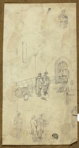 Scène in gevangeniscel met schetsen van andere figuren