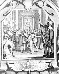 Scène van exorcisme van een bezeten vrouw met behulp van de Madonna van Monsummano in 1630