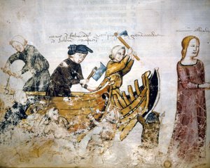 Scène van scheepsbouw in de 13e eeuw.