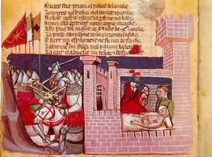 Scène van de Slag bij Roncesvalles in 778. Slag tussen het leger van Karel de Grote en de Saracenen waarbij de ridder Roland werd gedood. Hij is rechts afgebeeld. Miniatuur uit het codex "De Intocht van Spanje" (Ms.Franc.21) 14e eeuw Venetië, Biblioteca Ma door Unknown artist