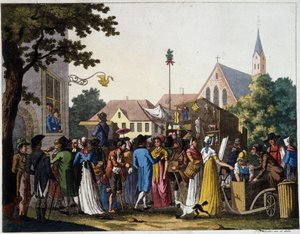 Scène van wandelen in de 18e eeuw - gravure door Unknown artist