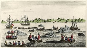 Scène van walvisvangst in Groenland in de 18e eeuw, anonieme populaire prent uit die periode door Unknown artist