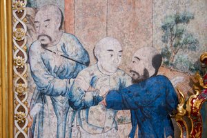 Scènes uit het dagelijks leven in China, detail van het Chinese behang, Chinese kabinet, jachthuis, door Filippo Juvarra, Stupinigi, Piëmont, Italië door Unknown artist
