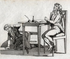 Scholieren hebben een tafel met inktpot. Gravure eind 18e eeuw. Privécollectie.