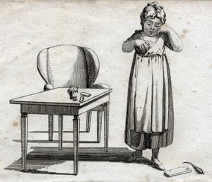 Schoolmeisje dat haar huiswerk probeert te maken. Gravure eind 18e eeuw. Privécollectie.