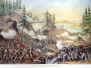 Amerikaanse Burgeroorlog (1861 - 1865): Na twee dagen van strijd bij Chattanooga, Tennessee, overwinning van het Noordelijke leger onder bevel van generaal Rosecrans. Gravure