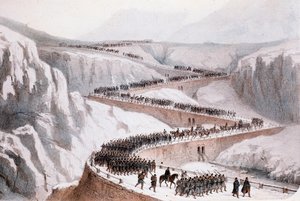 Tweede Italiaanse Onafhankelijkheidsoorlog: de oversteek van Moncenisio door het Franse leger op 29 april 1859 (Prent)