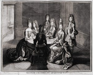 Tweede Kamer van de Appartementen (Versailles): 1. Monseigneur, 2. Madame Prinses van Conty Weduwe, 3. Monsieur de Hertog van Bourbon, 4. Madame de Hertogin van Bourbon, 5. Monsieur de Vendôme, Groot Prior van Frankrijk. Gravure van Trouvain, begin 18e eeu door Unknown artist