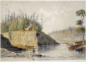 Kolonisten in Canada vissen in een rivier - in "Sketches on the nipisaguit a river of New Brunswick in America" door William Hickman, ed. Halifax