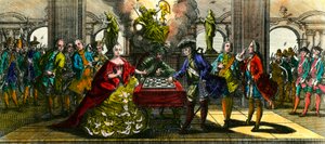 Zevenjarige Oorlog: allegorie die Marie Therese van Oostenrijk (1717-1780) en Frederik van Pruisen (1712-1786) schaakspelend voorstelt. Gravure uit de 18e eeuw Privécollectie door Unknown artist
