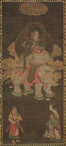 Shakyamuni Triade: Boeddha Vergezeld door Manjushri en Samantabhadra (Bodhisattva met Olifant) door Unknown artist