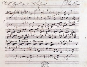 Bladmuziekpagina voor de eerste viool in Symfonie nr. 7, door Mozart door Unknown artist