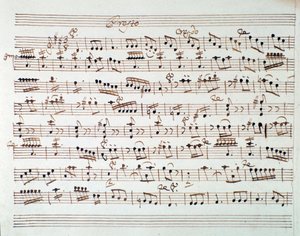 Bladmuziekpagina voor de eerste viool in de opening van Mithridate, koning van Pontus, opera door Mozart (1770) door Unknown artist