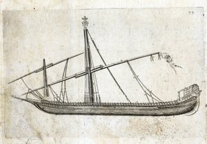 Zijaanzicht van een galei. Gravure uit de 18e eeuw. door Unknown artist