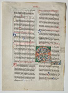 Enkel blad uit een Decretum van Gratianus: Gedecoreerde initiaal Q[uidam habens filium obtulit] en viervoudige arcade met concordantie van Griekse en Latijnse alfabetten