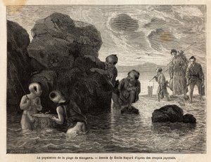 Kleine visactiviteiten op een strand in Sinagawa, kinderen spetteren in het water en vangen krabben en kleine vissen. Gravure ter illustratie van de reis naar Japan, in 1863-1864, door Aime Humbert, minister van de Zwitserse Confederatie, in 