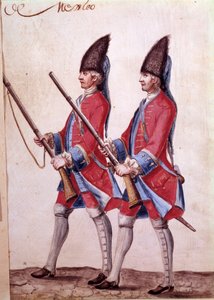 Soldaten van het Regiment van Mexico, detail van een 18e-eeuwse aquarel.