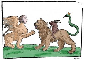 Sfinx tegen Chimera naar Mythologiae sive explicationes fabularum de Natalis Comitis. Patavia 1637 door Unknown artist
