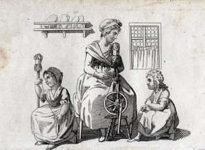 Spinnen: moeder en haar dochters spinnen wol. De vrouw gebruikt een spinnewiel en haar dochter gebruikt een riet. Gravure eind 18e eeuw. Privécollectie. door Unknown artist